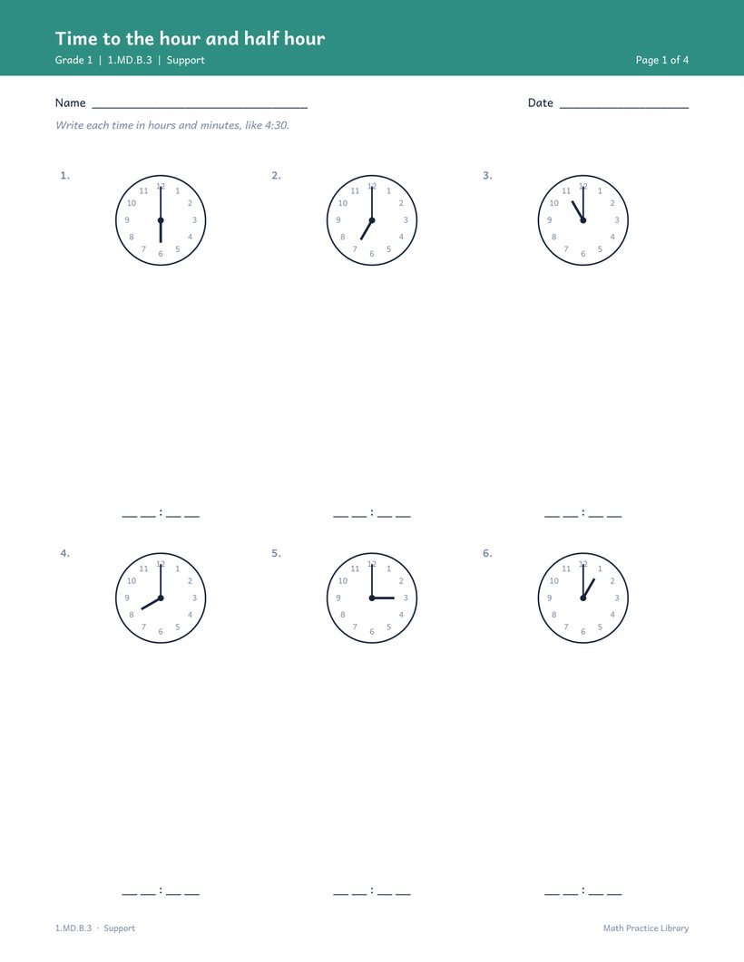 Time to the hour and half hour worksheet, Support level