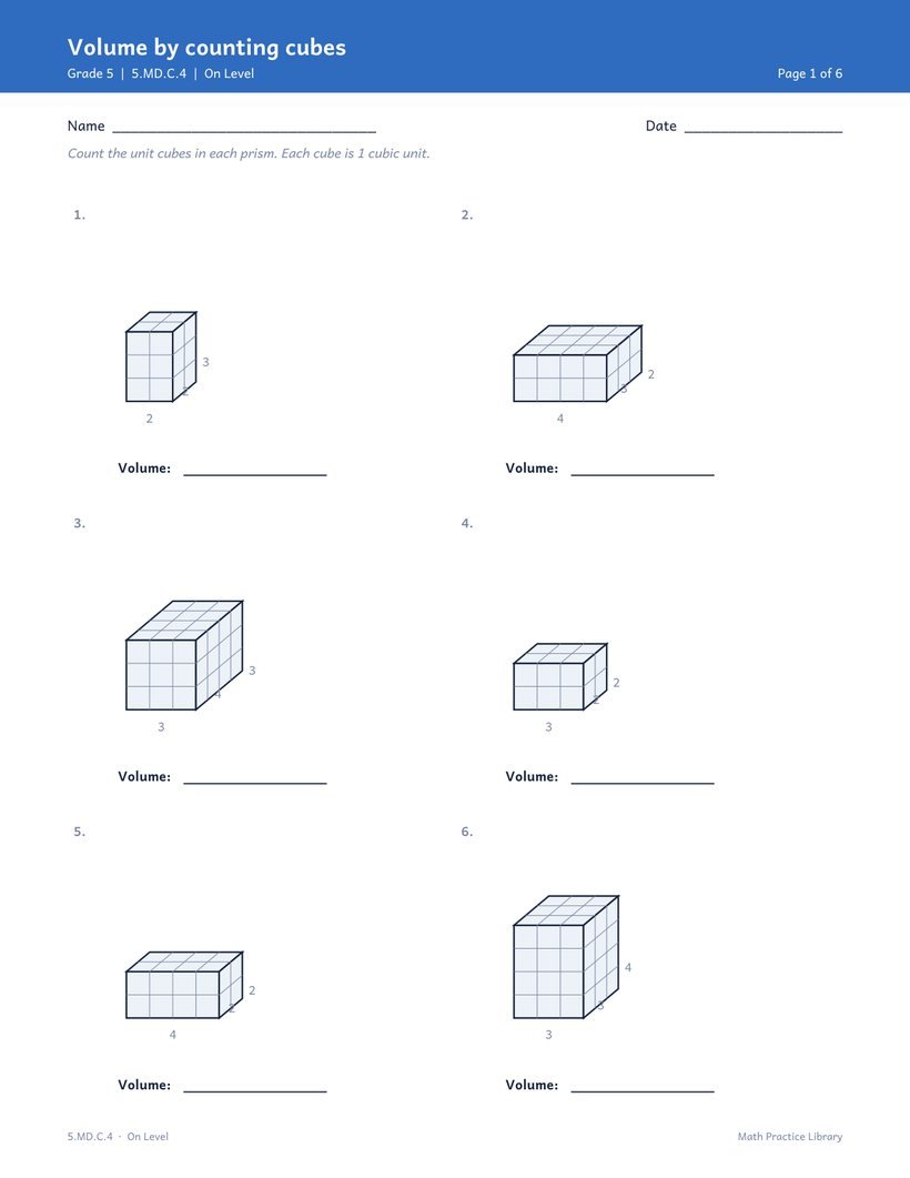 Volume by counting cubes: Grade 5 · 5.MD.C.4 — unit-cube figures a child can actually count.