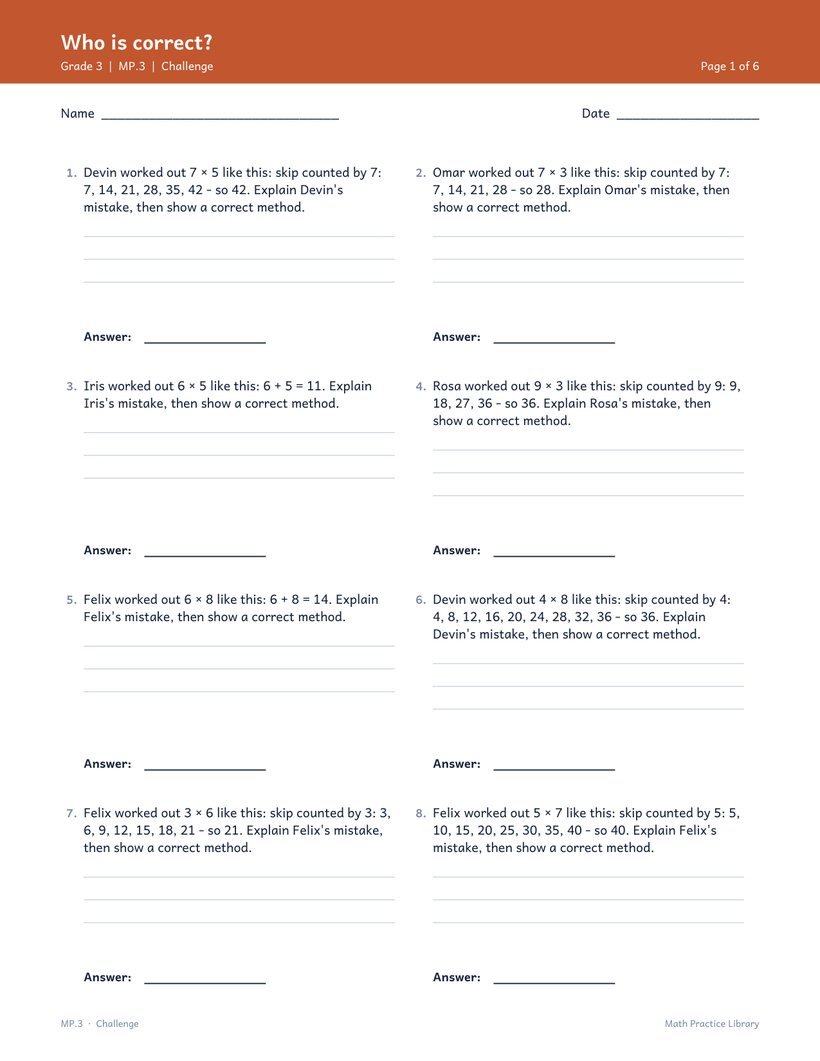 Who is correct?: Grade 3 · MP.3 — a student's work shown so the mistake can be found and explained.
