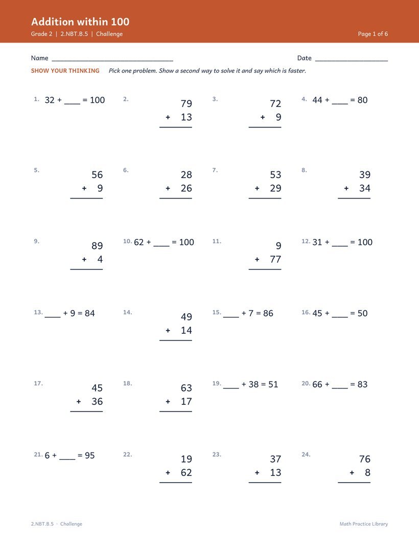 Challenge level: Grade 2 · 2.NBT.B.5 — unknowns in any position and multi-step items, not just bigger numbers.
