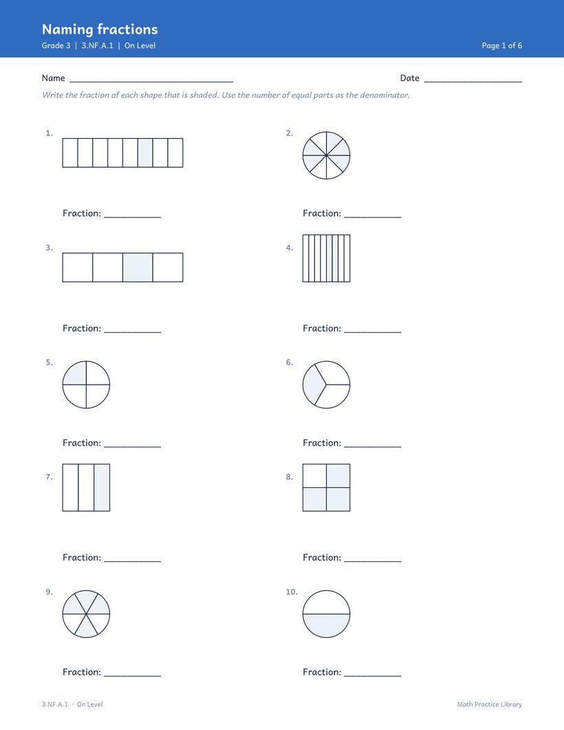 Fractions on a number line: Grade 3 · 3.NF.A.1 — number lines drawn to the numbers in the problem, never clip art.