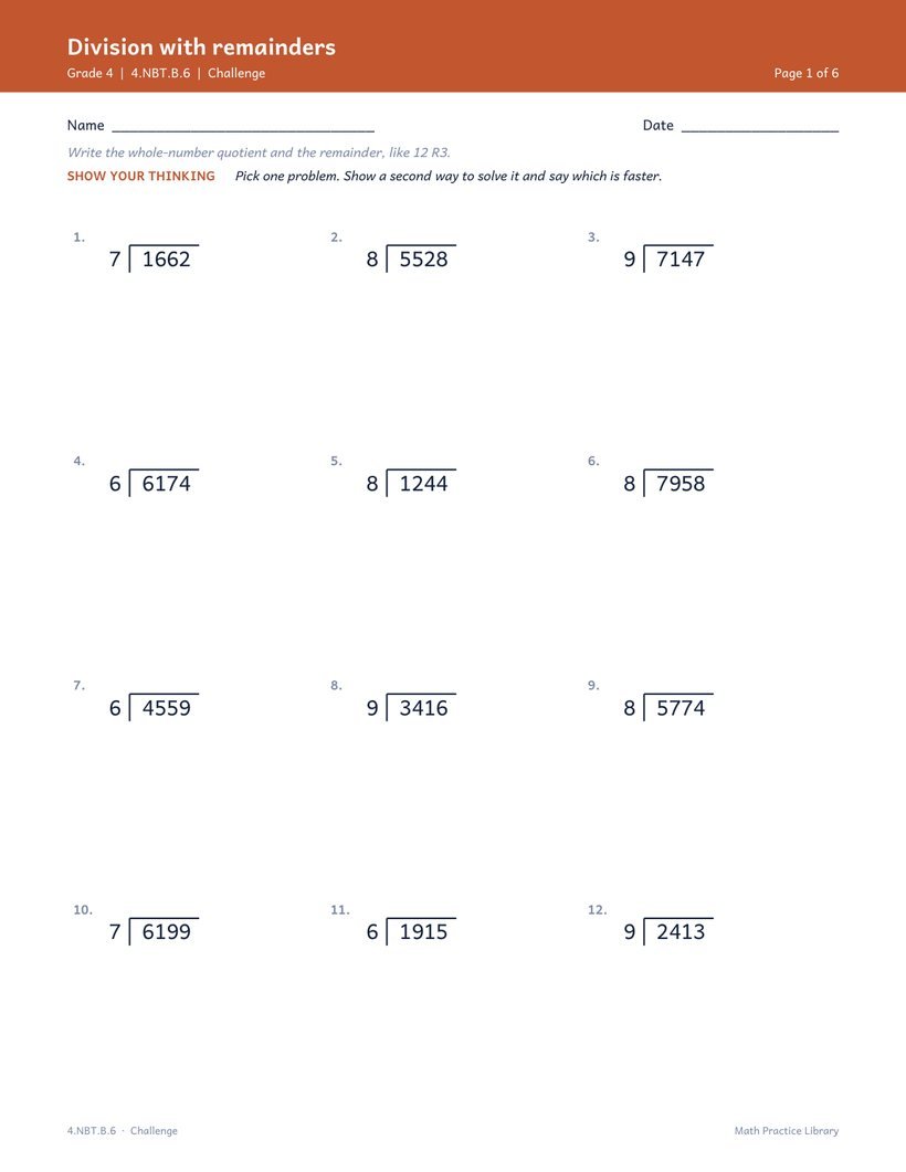 Division with remainders worksheet, Challenge level
