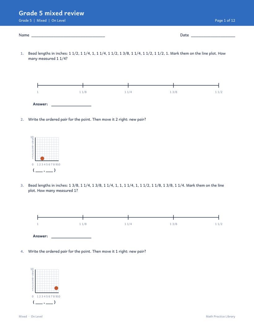 Grade 5 mixed review worksheet, On Level level